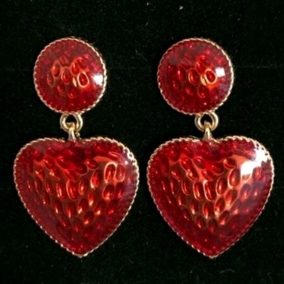 Gold Red Heart earrings strawberry drop dangle retro rockabilly pinup 💖2/$30 - Picture 10 of 15